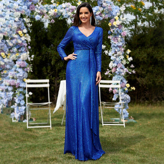 Long Sleeve V-Neck Fit Maxi Formal Gown Evening Dress For Women - Rosymae