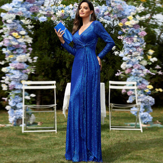 Long Sleeve V-Neck Fit Maxi Formal Gown Evening Dress For Women - Rosymae
