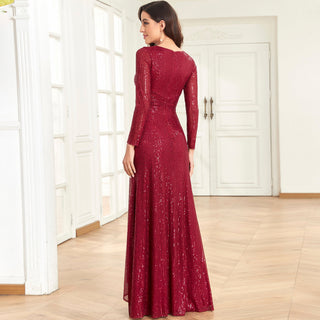 Long Sleeve V-Neck Fit Maxi Formal Gown Evening Dress For Women - Rosymae