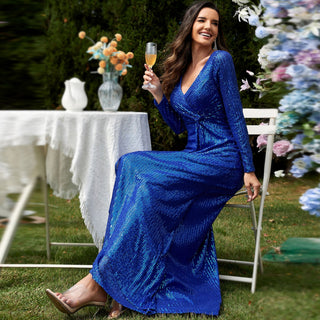 Long Sleeve V-Neck Fit Maxi Formal Gown Evening Dress For Women - Rosymae
