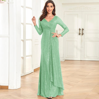 Long Sleeve V-Neck Fit Maxi Formal Gown Evening Dress For Women - Rosymae