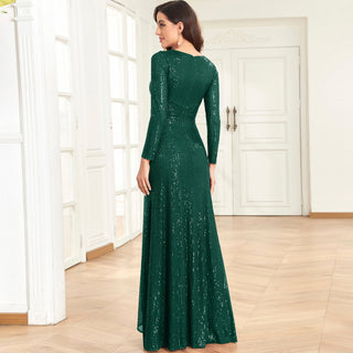 Long Sleeve V-Neck Fit Maxi Formal Gown Evening Dress For Women - Rosymae