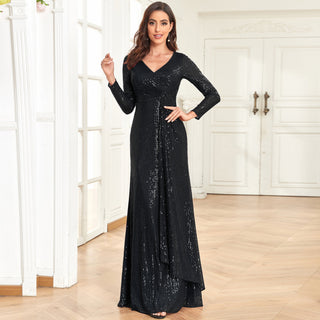 Long Sleeve V-Neck Fit Maxi Formal Gown Evening Dress For Women - Rosymae