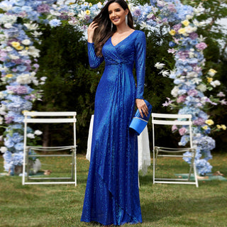 Long Sleeve V-Neck Fit Maxi Formal Gown Evening Dress For Women - Rosymae
