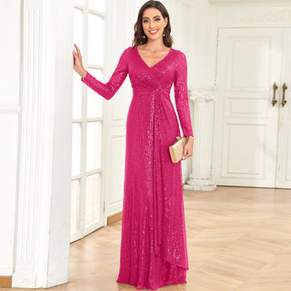 Long Sleeve V-Neck Fit Maxi Formal Gown Evening Dress For Women - Rosymae