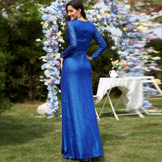 Long Sleeve V-Neck Fit Maxi Formal Gown Evening Dress For Women - Rosymae