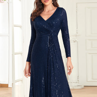 Long Sleeve V-Neck Fit Maxi Formal Gown Evening Dress For Women - Rosymae