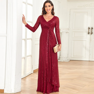 Long Sleeve V-Neck Fit Maxi Formal Gown Evening Dress For Women - Rosymae