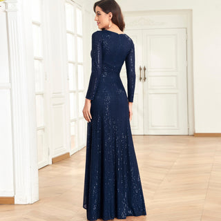 Long Sleeve V-Neck Fit Maxi Formal Gown Evening Dress For Women - Rosymae