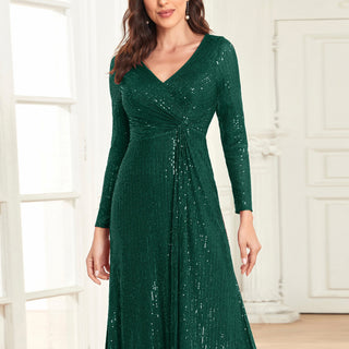 Long Sleeve V-Neck Fit Maxi Formal Gown Evening Dress For Women - Rosymae