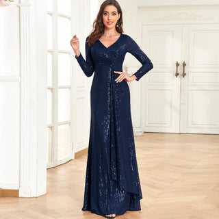 Long Sleeve V-Neck Fit Maxi Formal Gown Evening Dress For Women - Rosymae