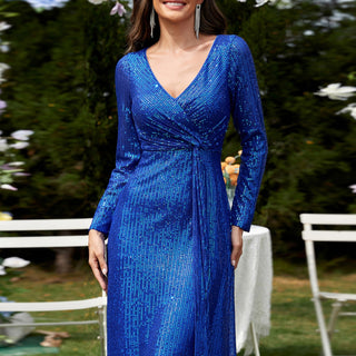 Long Sleeve V-Neck Fit Maxi Formal Gown Evening Dress For Women - Rosymae
