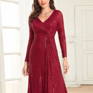 Long Sleeve V-Neck Fit Maxi Formal Gown Evening Dress For Women - Rosymae