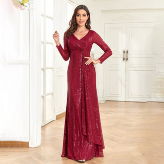 Long Sleeve V-Neck Fit Maxi Formal Gown Evening Dress For Women - Rosymae