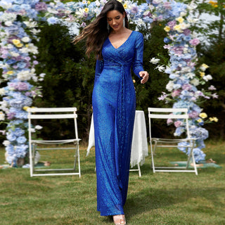 Long Sleeve V-Neck Fit Maxi Formal Gown Evening Dress For Women - Rosymae