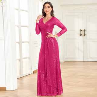 Long Sleeve V-Neck Fit Maxi Formal Gown Evening Dress For Women - Rosymae