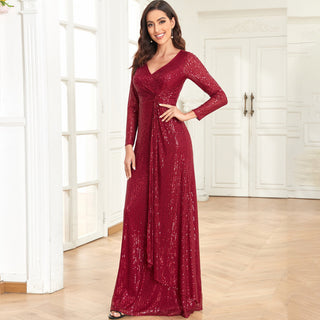 Long Sleeve V-Neck Fit Maxi Formal Gown Evening Dress For Women - Rosymae