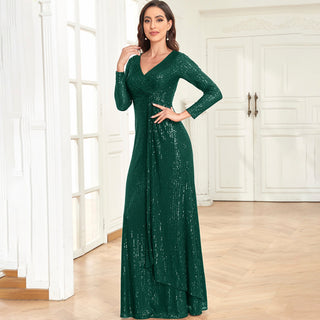 Long Sleeve V-Neck Fit Maxi Formal Gown Evening Dress For Women - Rosymae