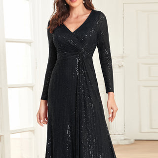 Long Sleeve V-Neck Fit Maxi Formal Gown Evening Dress For Women - Rosymae