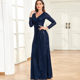 Long Sleeve V-Neck Fit Maxi Formal Gown Evening Dress For Women - Rosymae