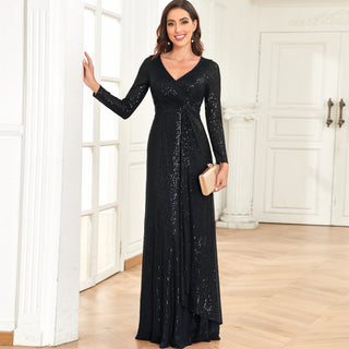 Long Sleeve V-Neck Fit Maxi Formal Gown Evening Dress For Women - Rosymae