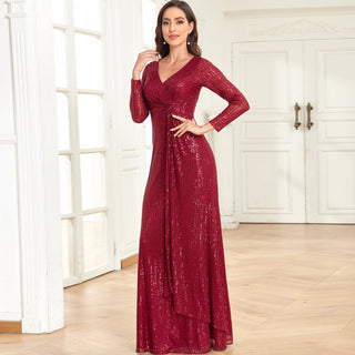 Long Sleeve V-Neck Fit Maxi Formal Gown Evening Dress For Women - Rosymae