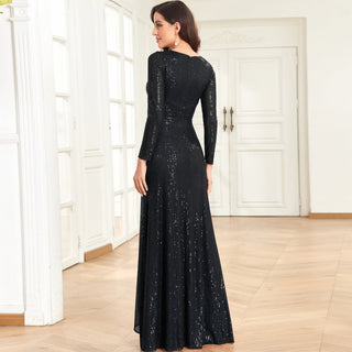 Long Sleeve V-Neck Fit Maxi Formal Gown Evening Dress For Women - Rosymae