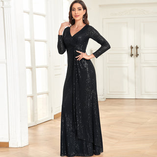 Long Sleeve V-Neck Fit Maxi Formal Gown Evening Dress For Women - Rosymae