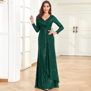 Long Sleeve V-Neck Fit Maxi Formal Gown Evening Dress For Women - Rosymae