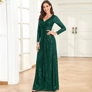 Long Sleeve V-Neck Fit Maxi Formal Gown Evening Dress For Women - Rosymae