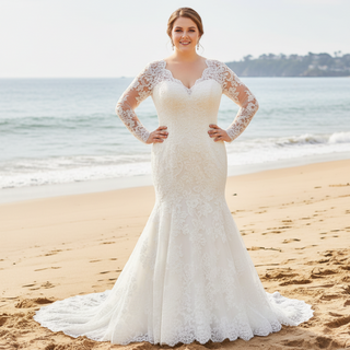 Sheer Long Sleeve V-neck Mermaid Lace Plus Size Wedding Dress