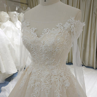 Elegant Long Sleeve Light Champange Wedding Dress with Keyhole Back