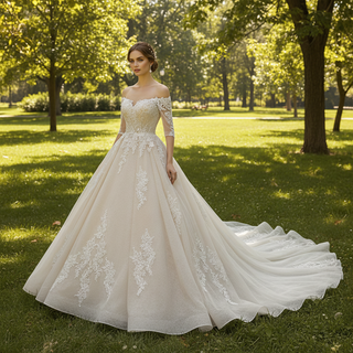 Elegant Long Sleeve Light Champange Wedding Dress with Keyhole Back