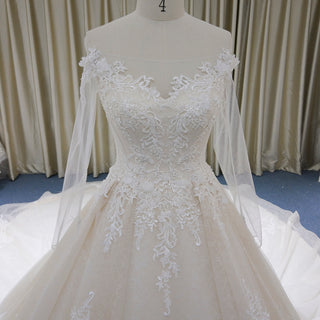 Elegant Long Sleeve Light Champange Wedding Dress with Keyhole Back