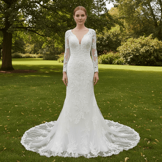 Long Sleeve V-neck Mermaid Lace Wedding Dresses with Keyhole - Rosymae