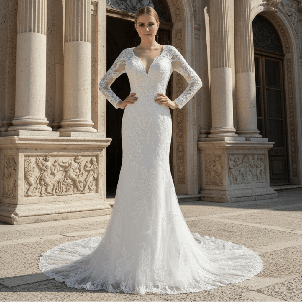 Long Sleeve V-neck Mermaid Lace Wedding Dresses with Keyhole - Rosymae
