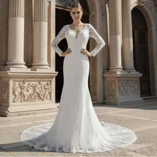 Long Sleeve V-neck Mermaid Lace Wedding Dresses with Keyhole - Rosymae