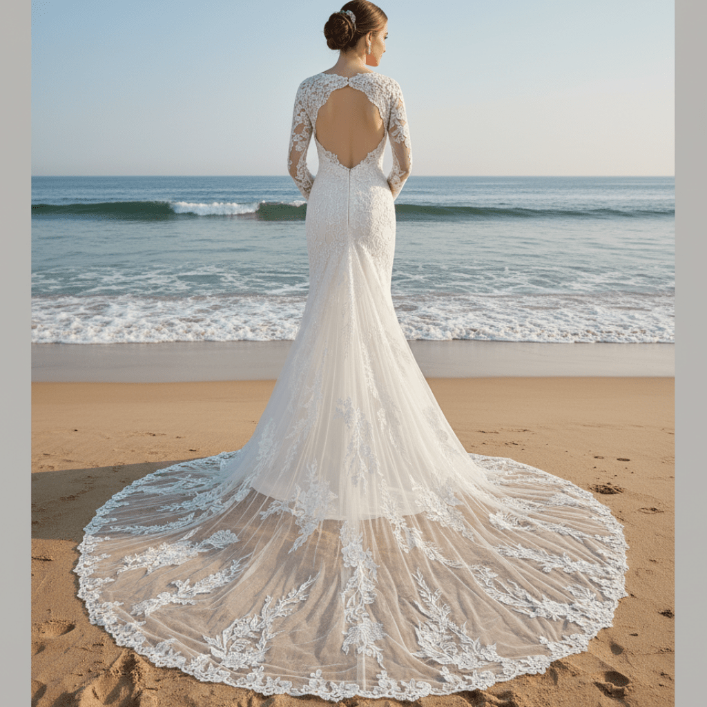 Long Sleeve V-neck Mermaid Lace Wedding Dresses with Keyhole - Rosymae