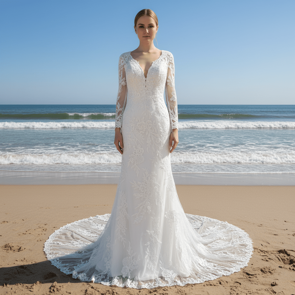 Long Sleeve V-neck Mermaid Lace Wedding Dresses with Keyhole - Rosymae