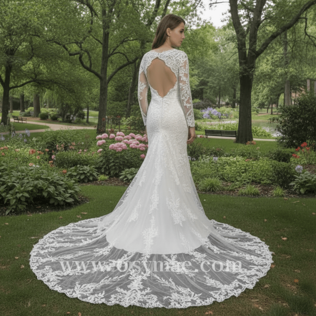 Long Sleeve V-neck Mermaid Lace Wedding Dresses with Keyhole - Rosymae