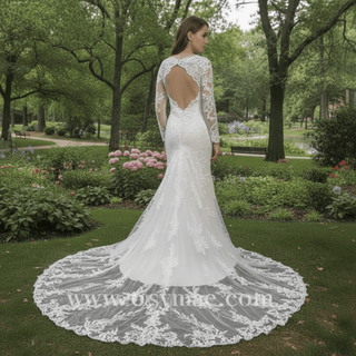 Long Sleeve V-neck Mermaid Lace Wedding Dresses with Keyhole - Rosymae