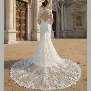 Long Sleeve V-neck Mermaid Lace Wedding Dresses with Keyhole - Rosymae