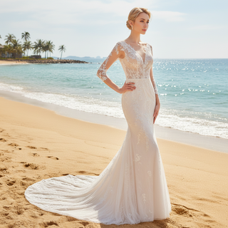 Three Quarter Sleeves Mermaid Lace Wedding Dress Plunging Deep V