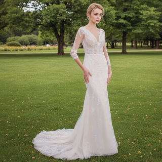 Three Quarter Sleeves Mermaid Lace Wedding Dress Plunging Deep V