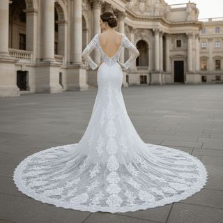 Long Sleeve V-neck Open Back Big Train Trumpet Lace Wedding Dress - Rosymae