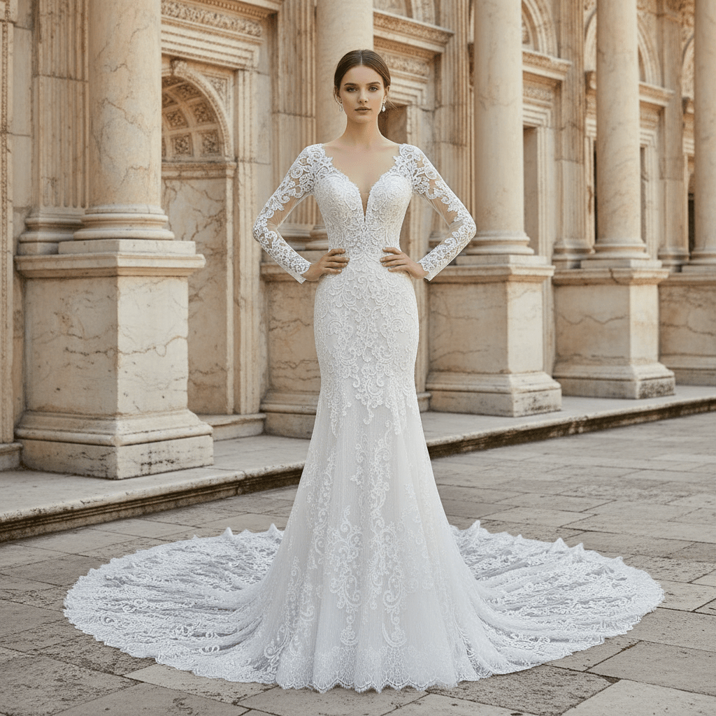 Long Sleeve V-neck Open Back Big Train Trumpet Lace Wedding Dress - Rosymae