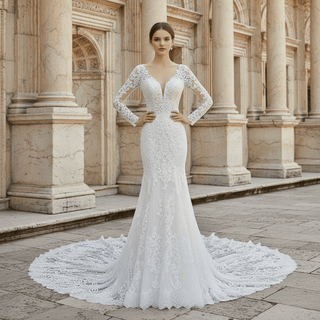 Long Sleeve V-neck Open Back Big Train Trumpet Lace Wedding Dress - Rosymae