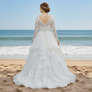 Long Sleeve V-neck Organza Plus Size Ball Gown Wedding Dress - Rosymae