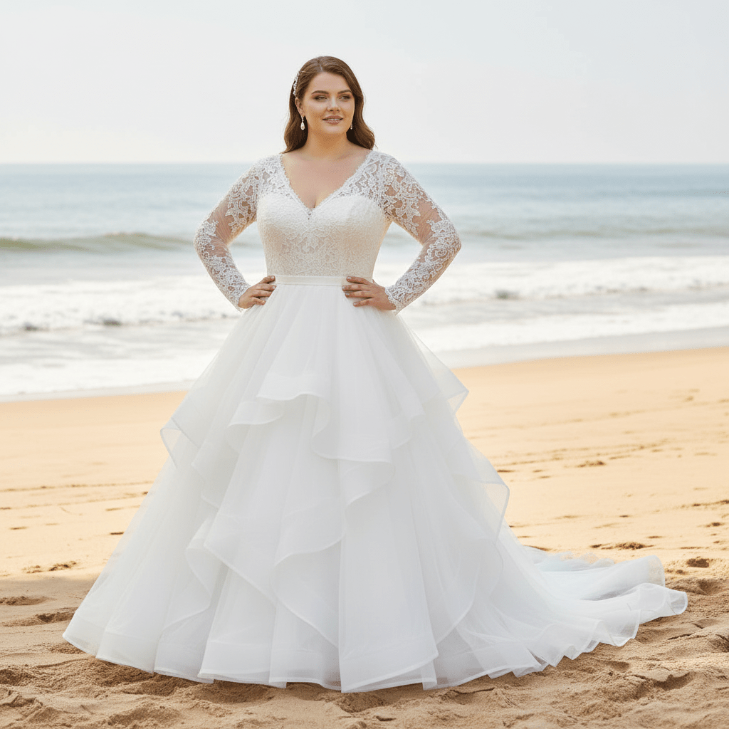 Long Sleeve V-neck Organza Plus Size Ball Gown Wedding Dress - Rosymae
