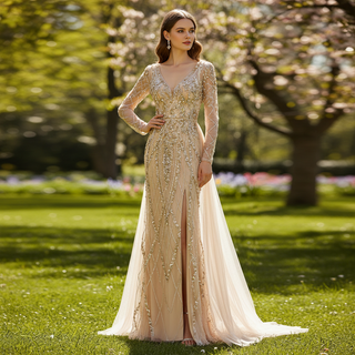 Fashion Vneck Long Sleeve Evening Dress Party Gown with Slit